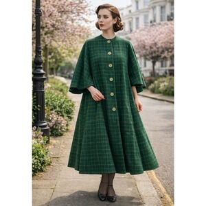 1940s Vintage Green Wool Swing Cape Coat Handmade Dressmaker Original Buttons